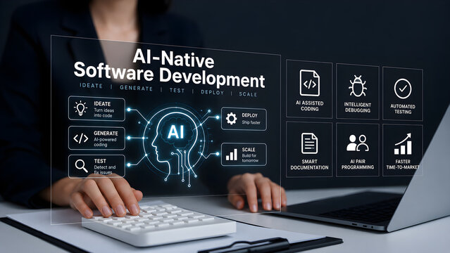 AI-Native Software Development Concept with Artificial Intelligence Interface and Digital Technology Dashboard