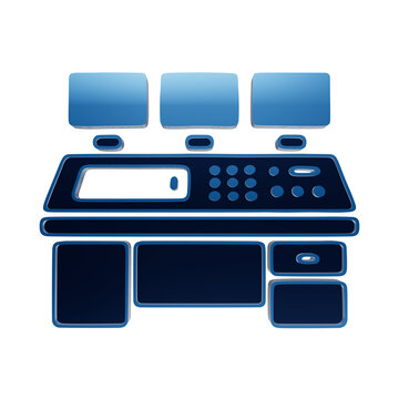 A glossy blue control room console icon with three monitors and a desk, representing surveillance, security monitoring, and data management systems isolated on a transparent background