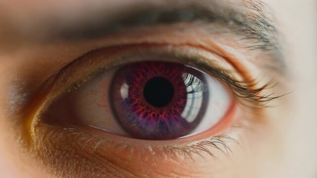 Firefly Extreme macro photorealistic footage of a single human eye, luxurious deep-purple iris with matador styling