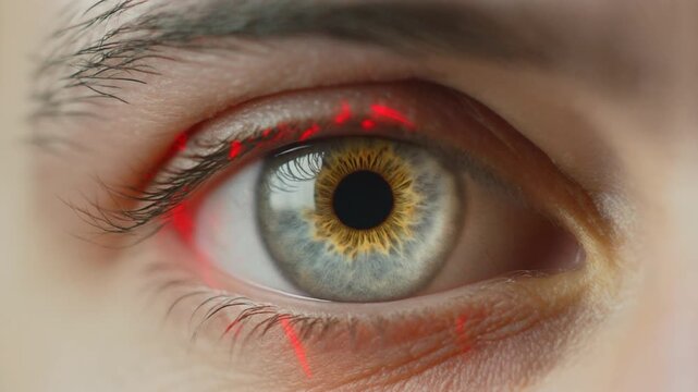 Firefly Extreme macro photorealistic footage of one striking human eye, exceptionally pale ivory-grey iris with matador styling