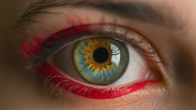 Firefly Extreme macro photorealistic footage of one elegant human eye, vivid emerald-green iris with red accents