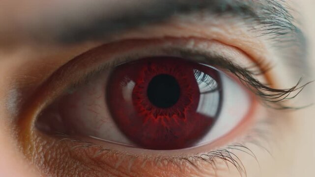 Firefly Extreme macro photorealistic footage of a single human eye, rich burgundy iris with subtle styling