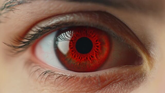 Firefly Extreme macro photorealistic footage of a single beautiful human eye, vivid crimson-red iris