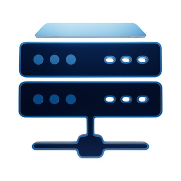 A 3D rendered icon of a blue server rack or data storage unit with network connectivity, featuring a glossy finish, isolated on a white background, for it isolated on a transparent background