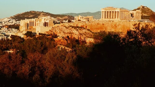 Wide view of the Acropolis and Parthenon at golden hour, Athens, Greece