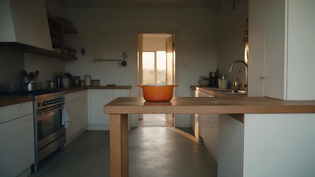 The kitchen was empty. An orange pot sat on the oak table.