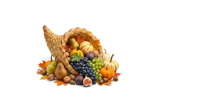 Traditional Thanksgiving cornucopia with autumn harvest, wicker horn of plenty with pumpkins and grapes, seasonal fall fruit and vegetable arrangement isolated on White Background Thanksgiving