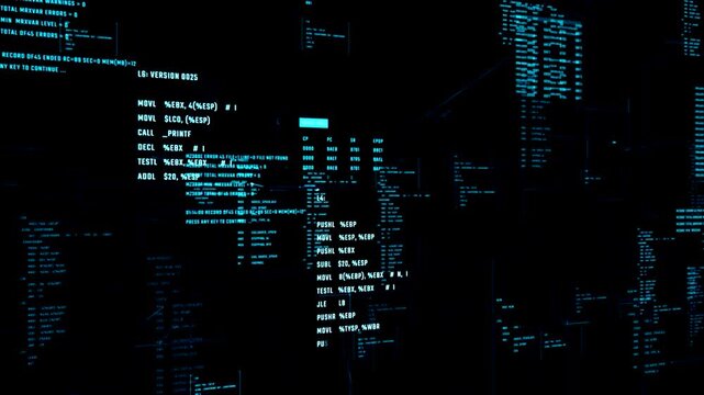 Abstract digital background with glowing blue computer code and programming script lines on a dark screen