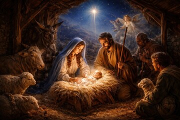 Fototapeta premium Nativity scene with holy family.