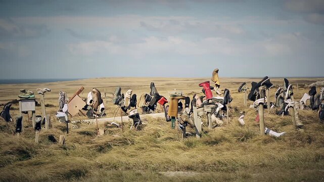 Quirky Falkland Islands Attraction Known As Boot Hill In Windy Open Countryside - 4K