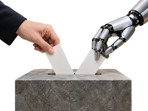 Human and Robotic Hands Casting Ballots into Stone Ballot Box &ndash; AI, Democracy and Election Technology Concept