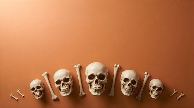 Skulls with bones on brown background