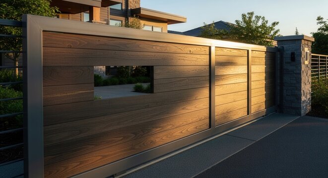 Modern Luxury Wooden Gate With Metal Frame At Sunset