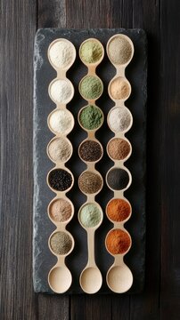 A vibrant assortment of colorful spices arranged artistically on wooden spoons atop a rectangular stone plate