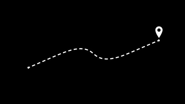 Animated dashed route line leading to map pin location on black background. Route line map navigation with real time location pin tracking for modern gps and location applications.