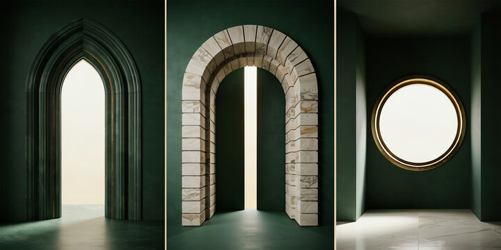 Set of architectural archways and a circular window in a dark green room interior