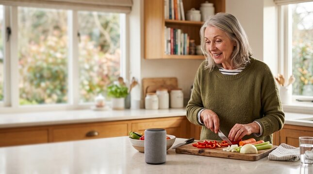 Senior woman cooking in kitchen with smart speaker