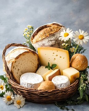 Bounty Abundance Rustic Charm Fresh Bread and Cheese Arrangement in Rustic Basket
