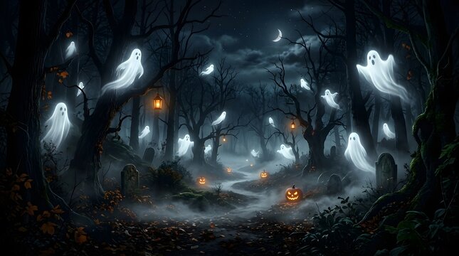 Spooky forest background with floating ghosts and glowing jack-o-lanterns in dark night fog