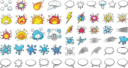 Comic book explosion bubbles flash lightning and splash elements vector set © MdHasinur