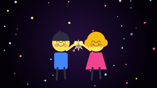 Animated cartoon characters raising hands and high fiving against dark starry background loop
