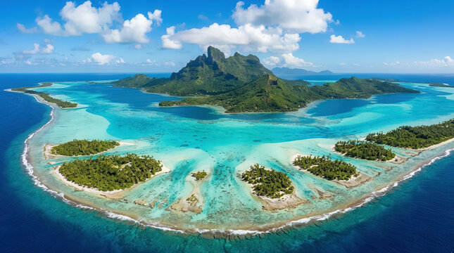 Aerial view of Bora Bora island in French Polynesia, surrounded by a turquoise lagoon, coral reefs, small motu islets, and dramatic volcanic mountains.