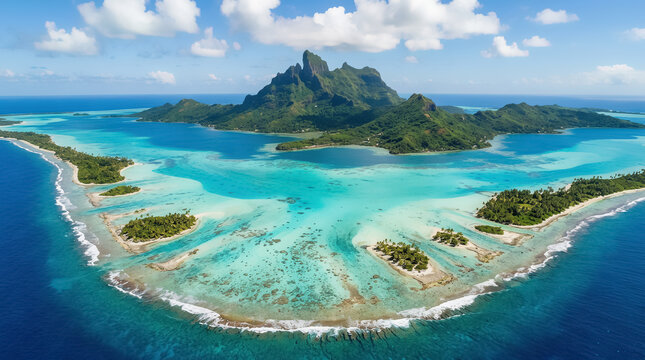 Aerial view of Bora Bora island in French Polynesia, surrounded by a turquoise lagoon, coral reefs, small motu islets, and dramatic volcanic mountains.
