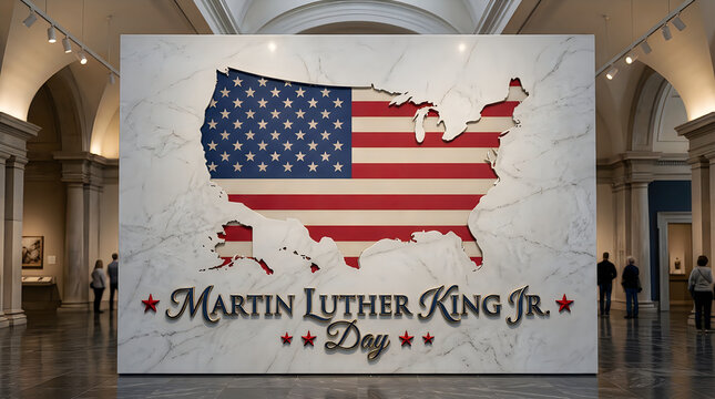 Martin luther king jr day banner with american flag map of usa displayed on a museum gallery wall