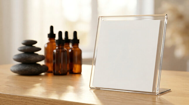 blank acrylic sign holder mockup for spa menu | essential oil bottles and zen stones on table | minimalist beauty salon price list display | wellness center desk reception sign