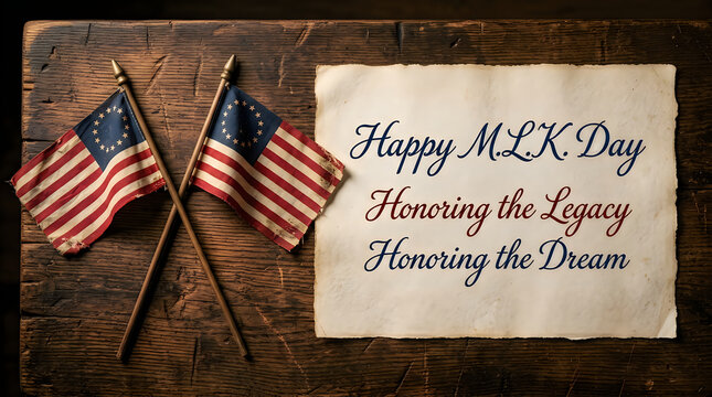 Happy mlk day sign with two vintage american flags on a rustic dark wooden table background