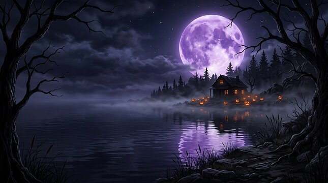 Spooky halloween cabin nestled by a tranquil lake under a massive glowing purple full moon with misty forest surroundings in this dark mysterious night scene