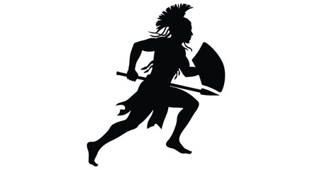 Obraz premium Silhouette of a running warrior with shield and spear black on white background