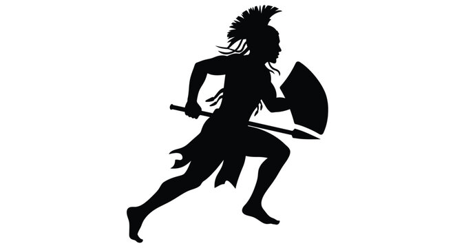 Silhouette of a running warrior with shield and spear black on white background