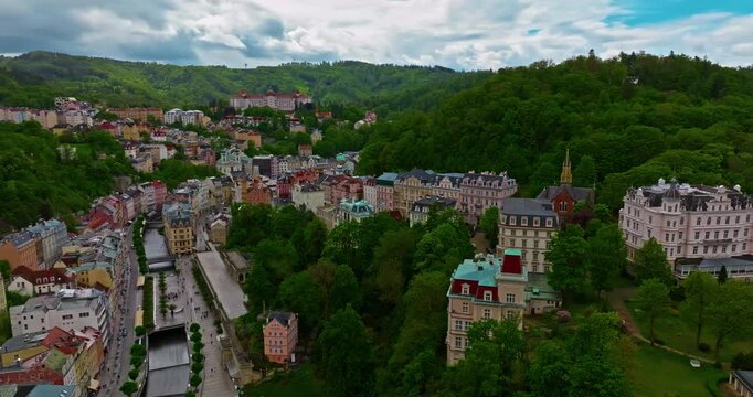 Aerial view of a beautiful forest city featuring incredibly fairytale, like architecture and thermal springs with healing water, Karlovy Vary, Czech Republic