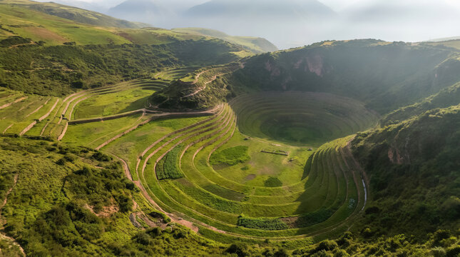 Ancient Moray archaeological site in Peru, featuring remarkable circular terraces carved into a natural depression in the Andes mountains.