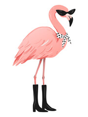 Fototapeta premium Stylish Pink Flamingo with Black Boots and Polka Dot Bow Vector Illustration