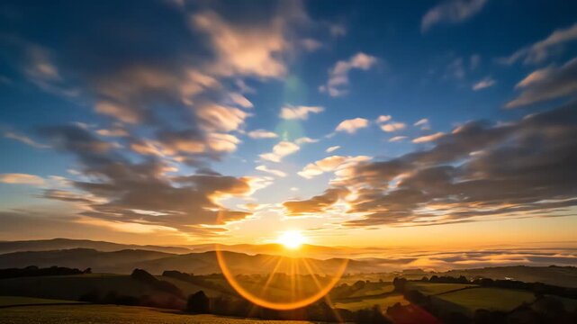 Golden sunrise over rolling hills and fields with lens flare