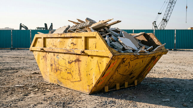Yellow construction skip filled with demolition waste | Industrial waste management at a building site | Rubble and debris removal services | Heavy duty dumpster for home renovation waste