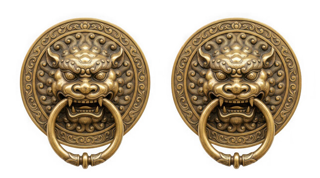 Two traditional chinese brass door knockers with lion head design isolated on transparent background