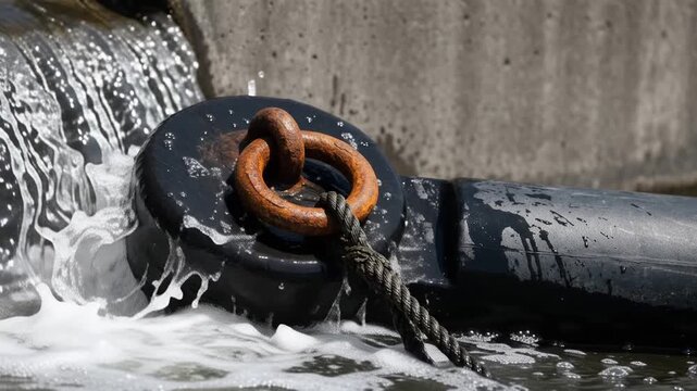 continuous heavy stream of water violently striking a rusted orange forged steel mooring ring in black plastic