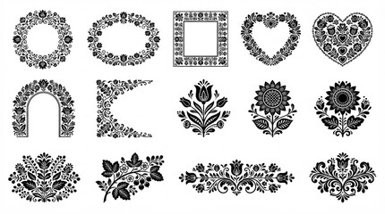 Fototapeta premium Folk Art Floral Frames and Botanical Decorative Elements Vector Collection
