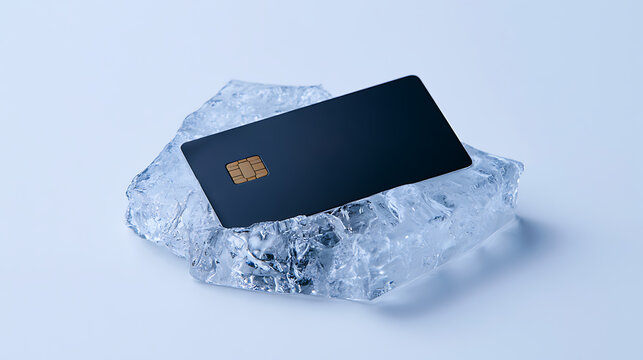 A sleek dark credit card frozen inside clear ice blocks on a minimalist white background symbolizing account security and asset freeze concept