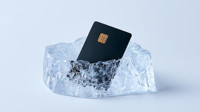 A black credit card frozen inside a clear block of solid ice on a minimalist white background, representing financial security freeze concept