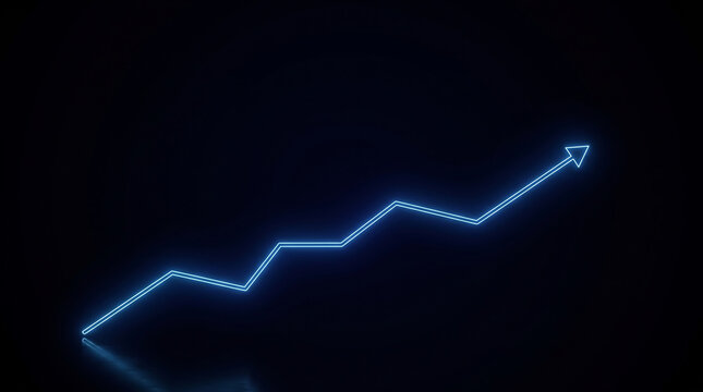 Glowing blue financial growth arrow on black background, neon business success chart, rising stock market trend line