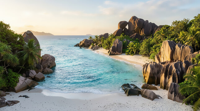 Tranquil Seychelles coastline with turquoise crystalline waters, pristine white sand, smooth granite cliffs in background, golden sunlight casting soft shadows, panoramic tropical paradise view.