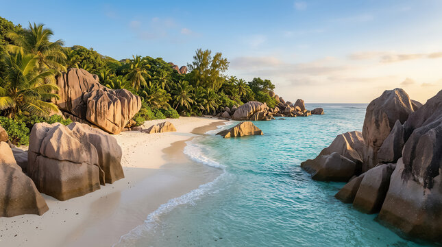 Tranquil Seychelles coastline with turquoise crystalline waters, pristine white sand, smooth granite cliffs in background, golden sunlight casting soft shadows, panoramic tropical paradise view.