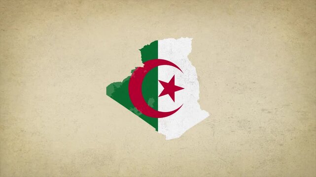 Animated Appearing ALGERIA Map Filled with Flag Isolated on Vintage Background