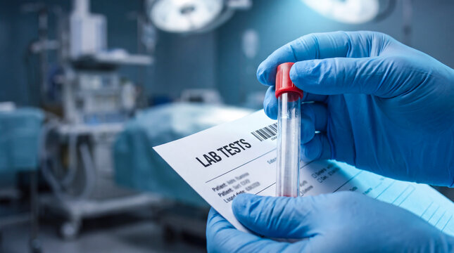 Medical professional in blue gloves holding a blood collection vial and lab test form in a hospital
