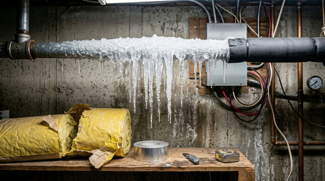 Frozen water pipe with icicles in basement | Burst pipe prevention and winter plumbing repairs | Plumbing insulation materials for cold weather | Emergency home maintenance for frozen pipes
