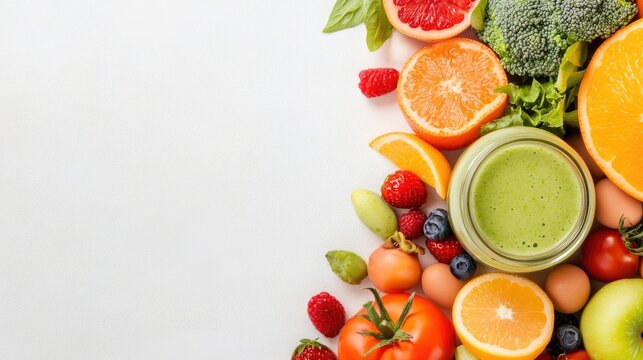 Refreshing green smoothie in a glass jar surrounded by colorful fruits and vegetables on a vibrant backdrop for health inspiration